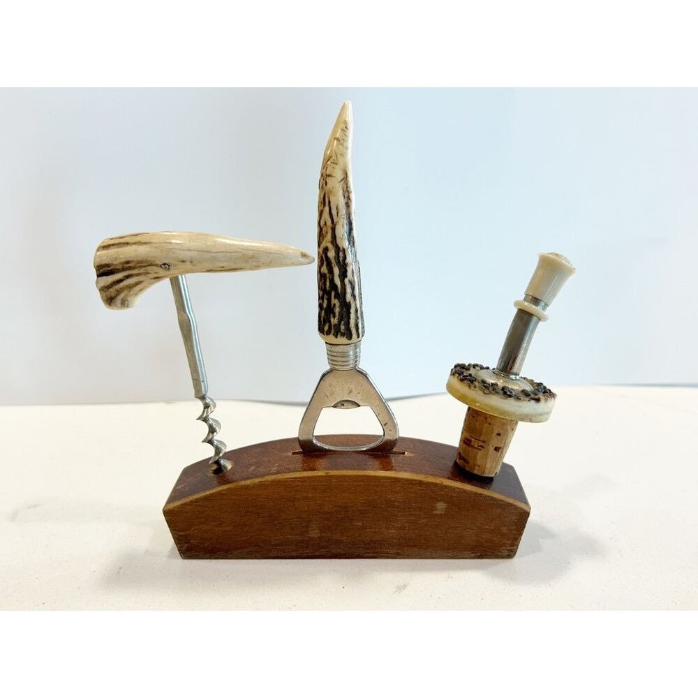 Vintage Wood & Horn Barware Set & Stand